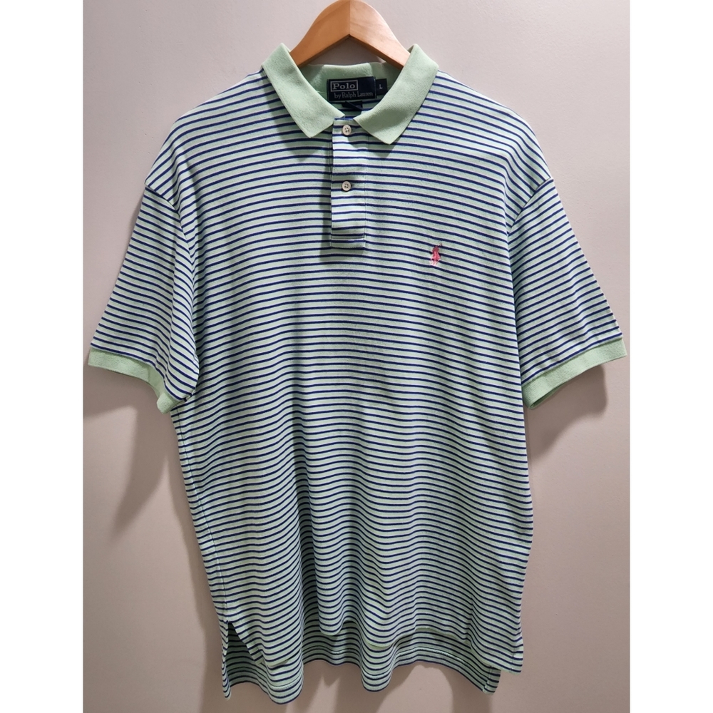 Striped Polo Shirt, Size Large, Pink Polo Logo, Polo by Ralph Lauren